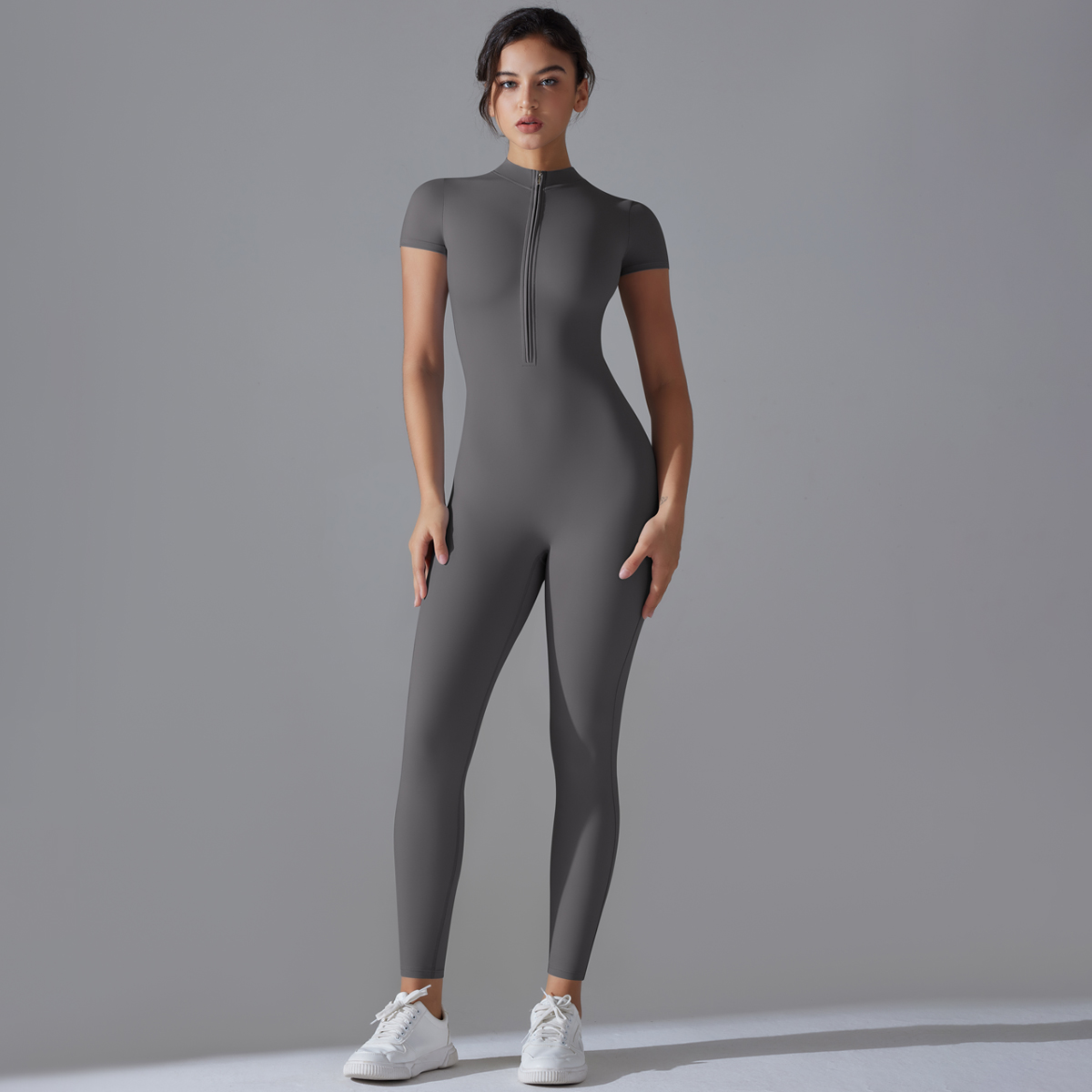 Yoga Fitness Kit - ชุดโยคะชุดสตรี One- Piece ชุดซิปแขนสั้น Push Up