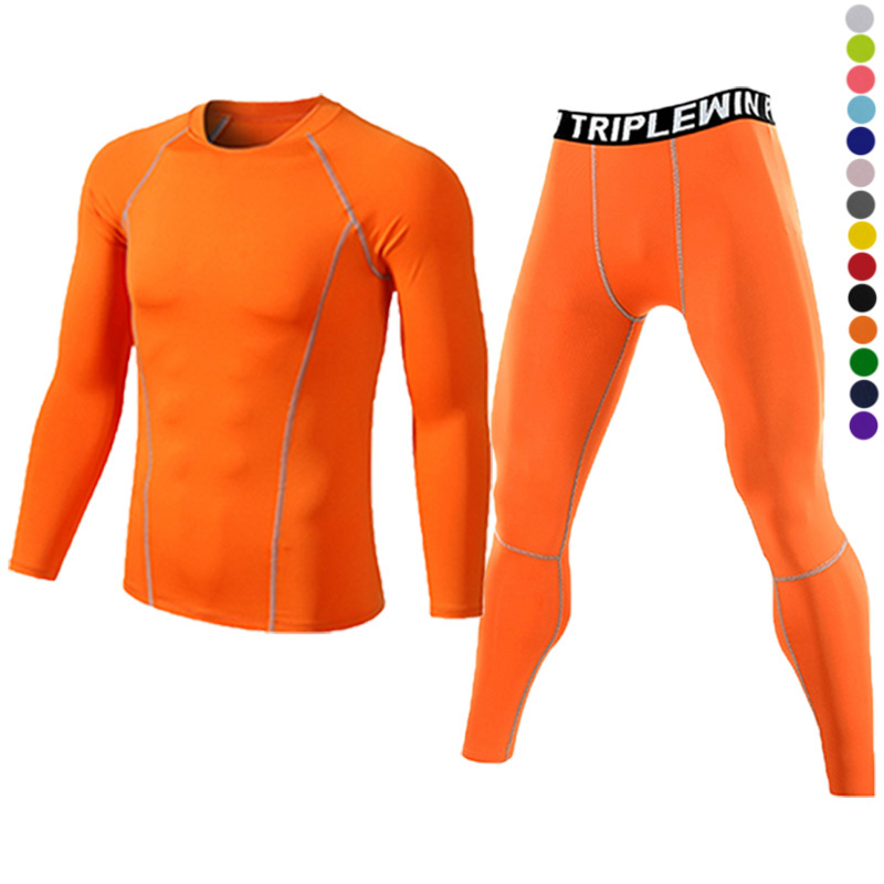 Yoga Fitness Kit - ชุดวอร์มเสื้อแขนยาวผู้ชายสำหรับยิมฟิตเนสเสื้อยืด + เลกกิ้งชุดวิ่งกีฬาของผู้ชายชุดเล่นสกีบาสเก็ตบอลฟุตบอล A1109