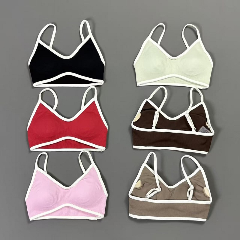 Yoga Daily Fitness - เสื้อชั้นในโยคะแบบมีสายรัดคอวีสีขาวขอบบางไร้โครงเสริมฟองน้ำสำหรับออกกำลังกายทุกวัน ฟิตเนส ครอปท็อป