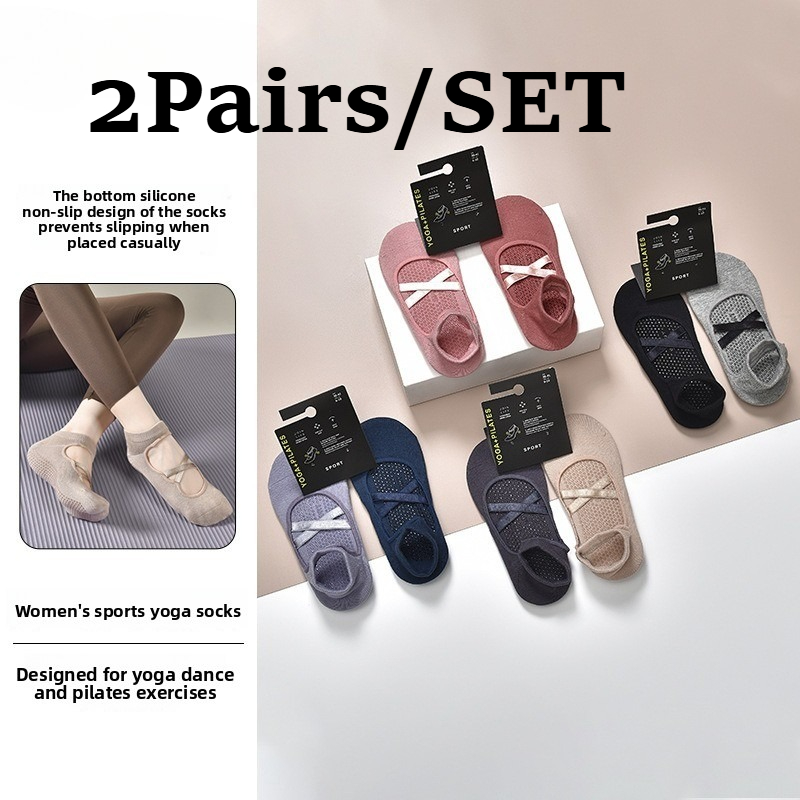 Yoga Fitness Kit - 2 คู่ผ้าฝ้ายระบายอากาศดูดซับเหงื่อถุงเท้าโยคะซิลิโคนกันลื่นถุงเท้าผู้หญิงพิลาทิสฟิตเนสบัลเล่ต์กีฬาถุงเท้าชุด